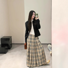 秋装2025新款休闲水洗牛仔外套百褶格子半身裙穿搭套装女两件套