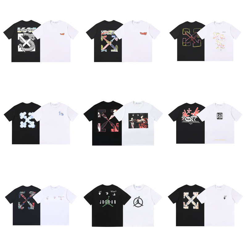 Cross-Border Foreign Trade Wholesale Off New Oil Painting Print Tape Ow Decorative Pattern Couple's Short-Sleeve Loose T-Shirt for Men and Women Cross-Border Foreign Trade Wholesale Off New Oil Painting Print Tape Ow Decorative Pattern Couple's Short-Sleeve Loose T-Shirt for Men and Women