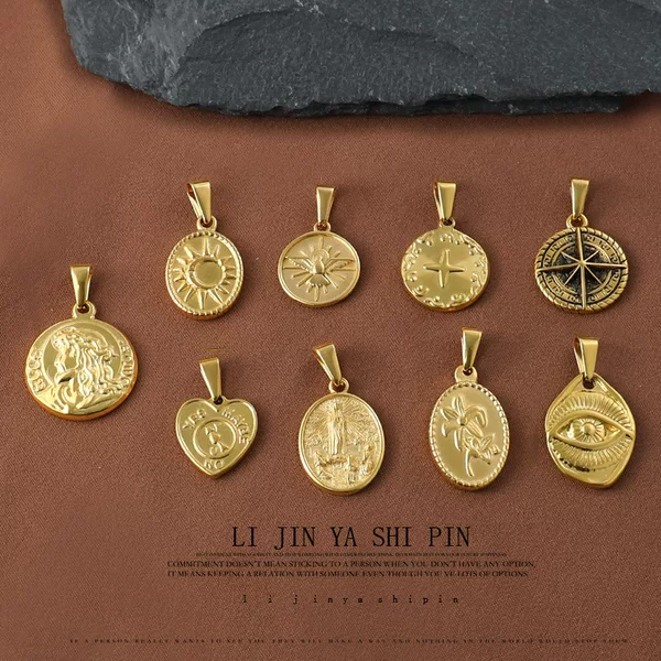 Stainless Steel Roman Portrait Round Heart-Shaped Gold Circular Single Pendant DIY Pendant Necklace Accessories Factory Wholesale
