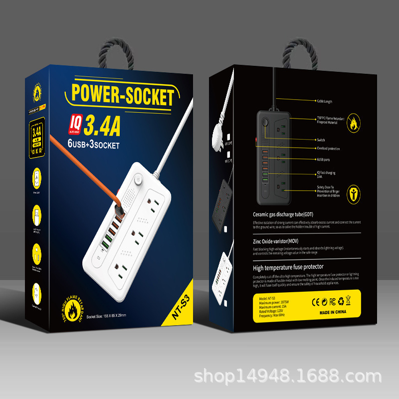 NT-S3#款能插线板  IQ智能USB口 5V3.4A 极速充电 美标美规插头