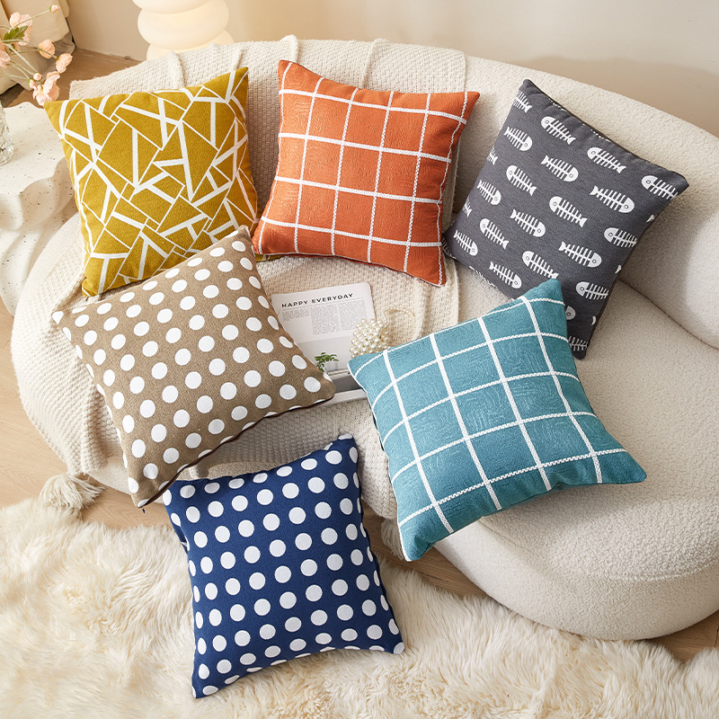 Chenille Pillowcase with Polka Dots, Squares, Geometric Lines, Suitable for Living Room, Bedside, Bay Window, Modern Minimalist Style
