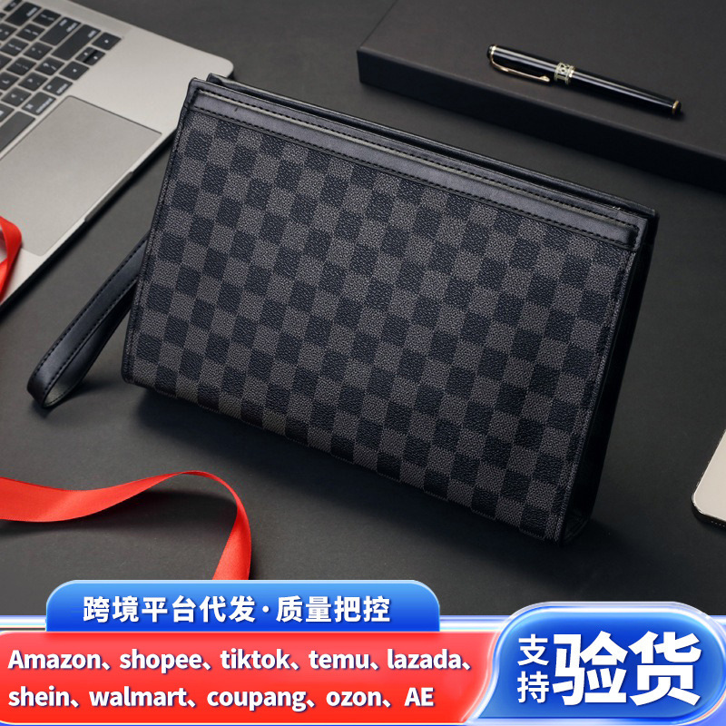 Men's fashion trendy clutch bag, large-capacity casual business handbag, plaid luxury clutch bag for men