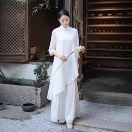 飘逸禅意茶服仙气佛系女装中式中风白色居士打坐套装欧美其他