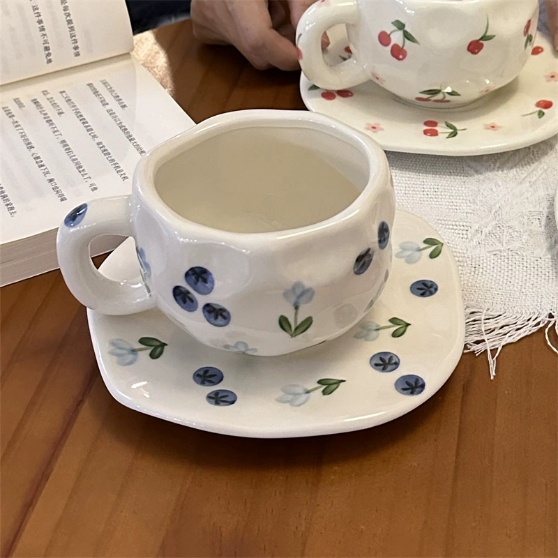Ceramic coffee cup set INS Japanese retro, hand-painted irregular saucer, vintage style