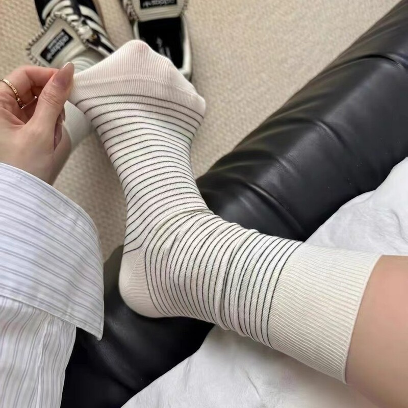 Women's Summer Striped Sports Casual Mid-Calf Socks, Pure Cotton Yarn Mid-Calf Socks, 2026 White Slouch Socks