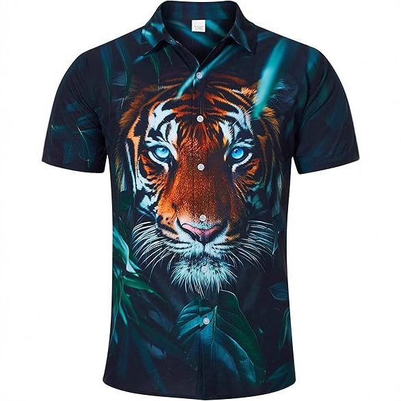 Divertido animal lindo 3D impresión digital hombre calle suelta salvaje manga corta solapa botón camisa hawaiana