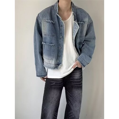 Vintage Flared Collar Washed Padded Shoulder Men's Korean Style Autumn Short Jacket Set Trendy