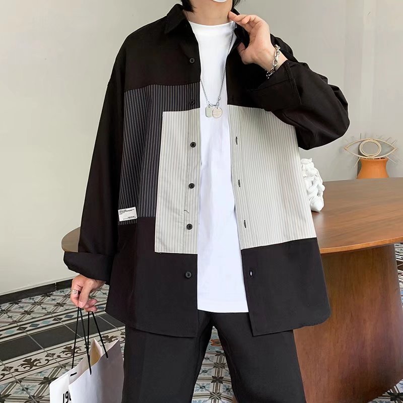 2024 marca de moda camisa de manga larga de color en contraste con costuras estadounidenses para hombres, camisa de herramientas japonesa de solapa informal suelta coreana