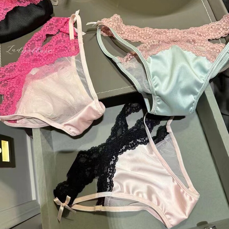 High-grade silk transparent mesh stitching cross hollow lace underwear women's sexy pure half package French