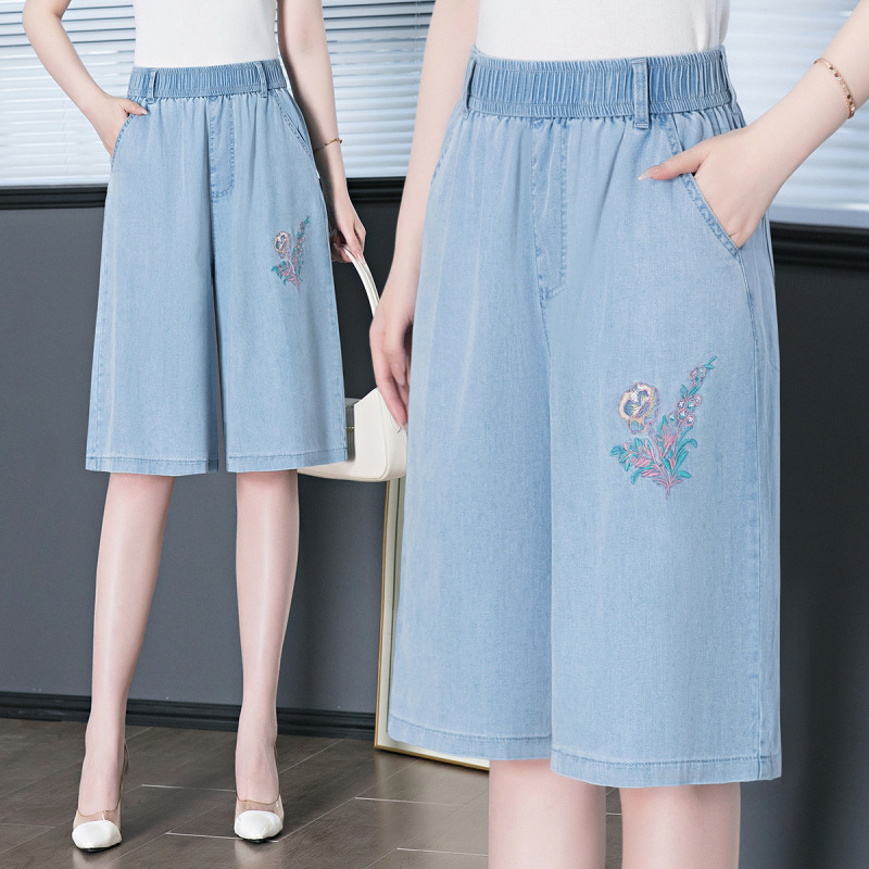 9266 Tencel Denim Shorts Summer Thin Ice Silk Casual Wide-Leg Knee-Length Pants for Middle-Aged Women Chinese Style Mom Pants