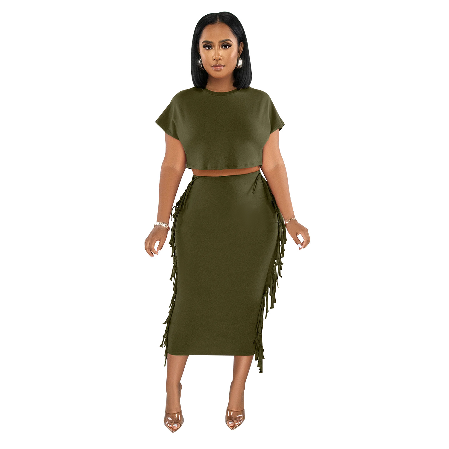 X6331 transfronterizo AliExpress Amazon ropa de mujer de moda europea y americana borla de color sólido cuello redondo Vestido de manga corta conjunto de dos piezas