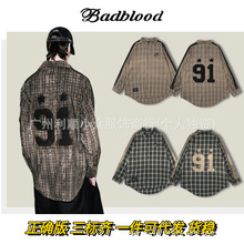 现货Badblood美式复古格子衬衫女做旧91贴布绣翻领格纹衬衣男宽松