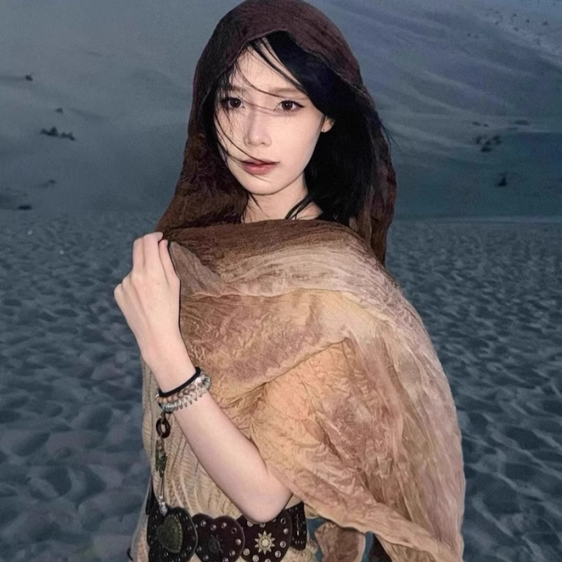 废土风大西北沙漠旅游穿搭棉麻围巾女薄款文艺丝巾系脖民族风披肩|undefined