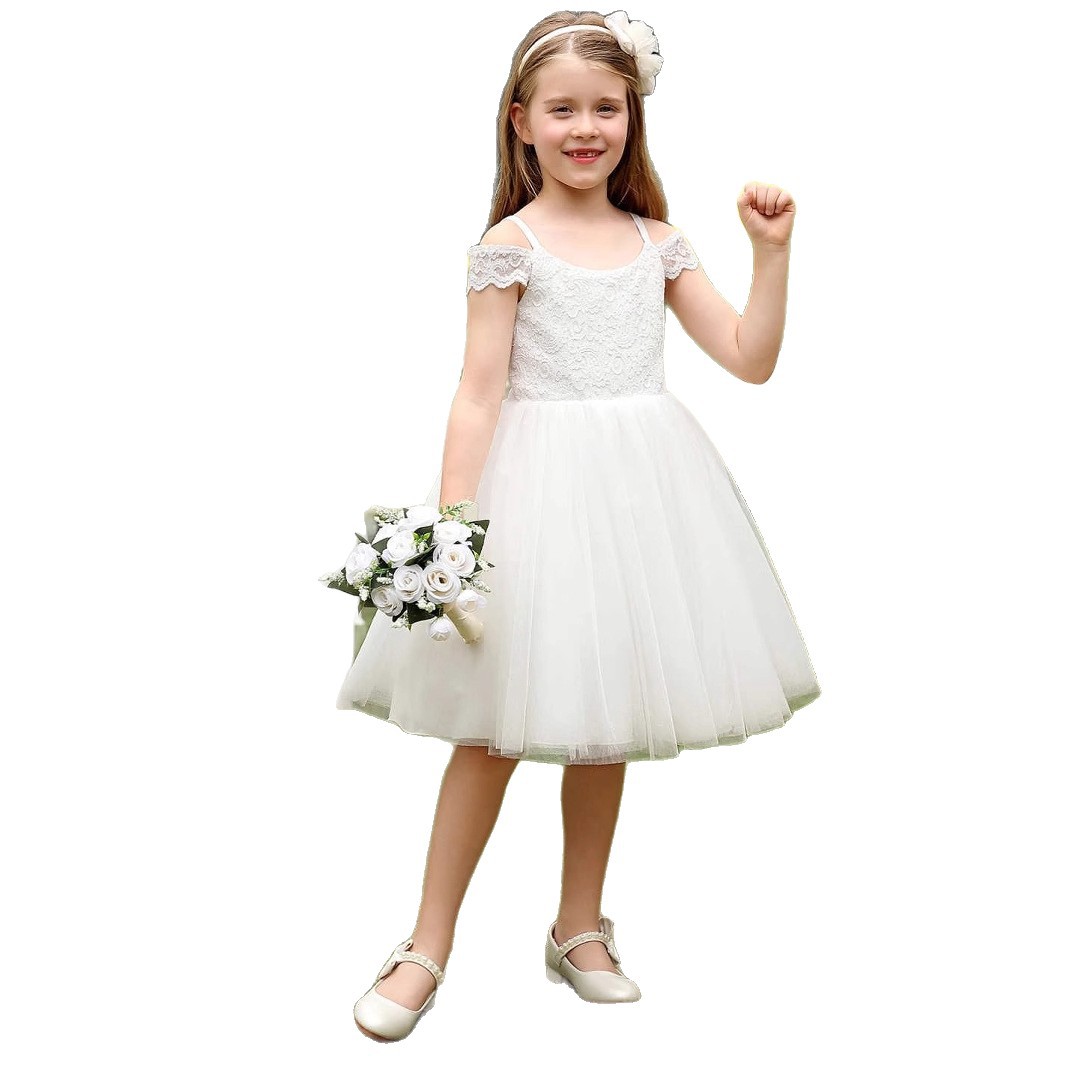 Spitzenhochzeitskleid für Mädchen, bauschiger Prinzessinnen-Midirock, Kleid für Klavierauftritte, Geburtstagsfeiern, für Kinder von 3-12 Jahren 【Vorbestellung | Versand in 15 Tagen】_voghion.com