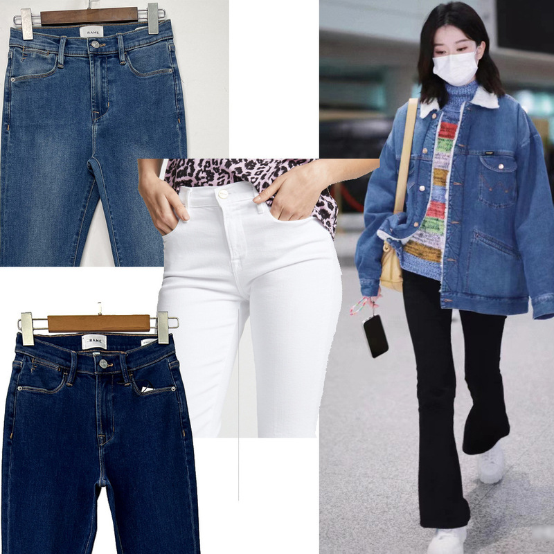 2025 Spring and Summer European and American Fd Same Style Nostalgic Washed Blue Mid-High Waist Slim Long Flared Jeans for Women