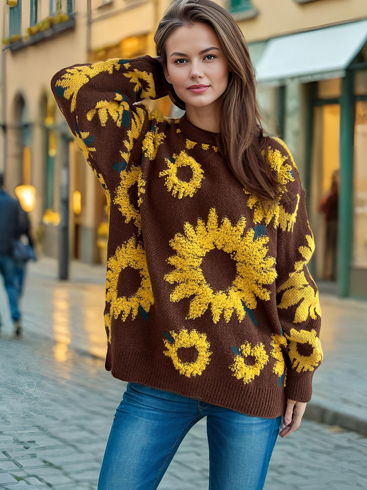Women's Sunflower Jacquard Knitted Pullover Sweater For Winter_voghion.com