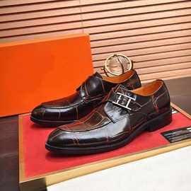 尖头皮鞋男高档正装商务鳄鱼纹孟克鞋真皮搭扣英伦结婚新郎西装鞋