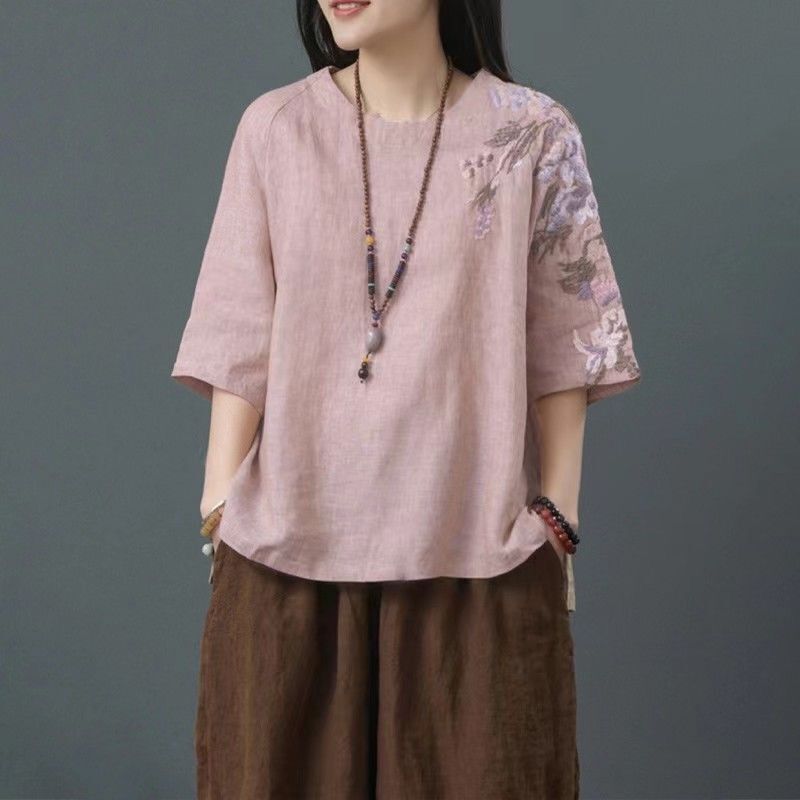 宽松大码女装中年妈妈夏季亚麻刺绣棉麻上衣女短袖T恤九分裤套装|undefined
