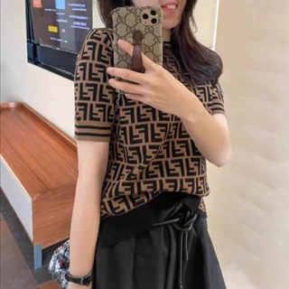 韩版满印字母针织衫女2025春秋新款欧货短袖修身百搭打底恤上衣