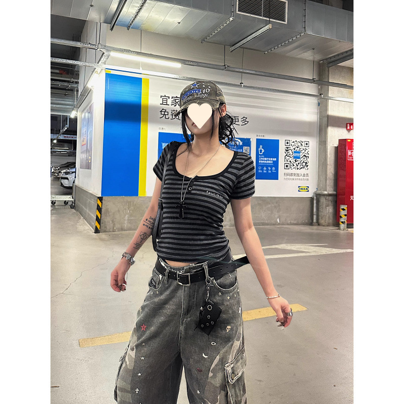 【酷丝螺纹】美式复古辣妹条纹U领正肩短袖T恤女夏季收腰短款上衣|undefined