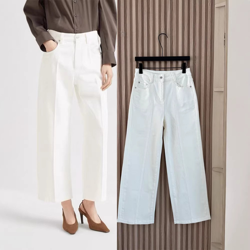 Bc Style White Denim High-Waisted Straight-Leg Pants for Women, Ivory White, Loose Fit, Versatile, Casual, Cropped, Simple Women's Pants, New Bc Style White Denim High-Waisted Straight-Leg Pants for Women, Ivory White, Loose Fit, Versatile, Casual, Cropped, Simple Women's Pants, New