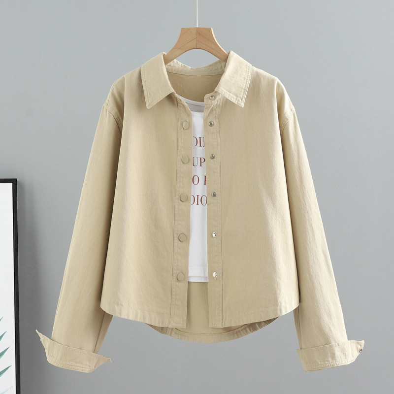 Short Cotton Denim Jacket Spring and Autum New Korean Style Loose and Versatile Long-Sleeved Shirt Work Jacket Top for Women