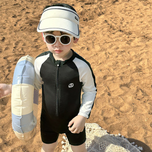 Children's Swimsuit Long-Sleeved One-Piece Cartoon Boy Swimsuit Cute Baby Sun Protection Quick-Drying Hooded Swimsuit for Small and Medium-Sized Children
