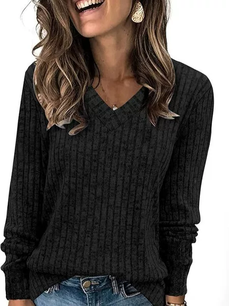In-Stock Women's Long-Sleeve V-Neck Casual Sweater Knit Pullover Top for Autumn 2024, Loose Fit and Slimming