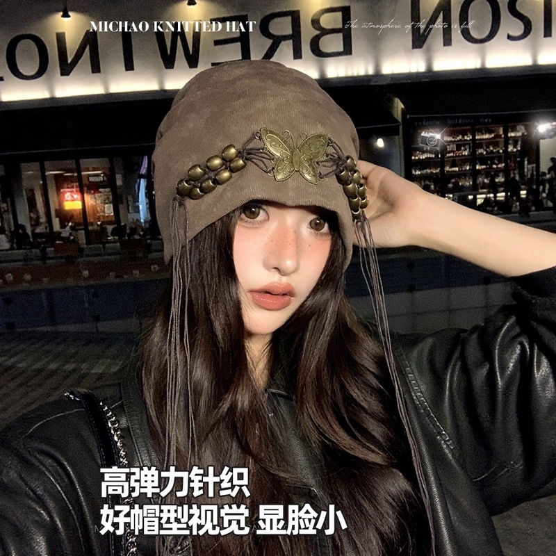 扎染流苏串珠冷帽女春秋季复古小众百搭包头帽大头围显脸小帽子潮|undefined