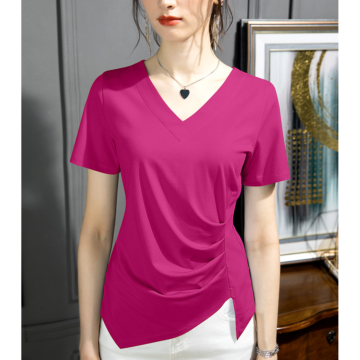 Camiseta de manga corta ropa de mujer 2025 nueva ropa de mujer con aberturas irregulares, top fino y elegante, camiseta de algodón, cabello de una pieza