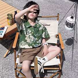 男童绿色度假风衬衫宝宝夏季网红短袖衬衣儿童宽松薄款休闲外套潮