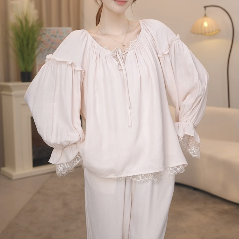 Korean Pure Cotton Pajamas for Women in Autumn, Loose Pure Cotton, Whitening, Simple Long-Sleeved Home Clothes, Can Be Worn Outside Wholesale