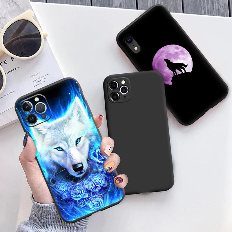 For Apple iPhone Case June Bright Flower Wolf Howl Art Soft Black Cover