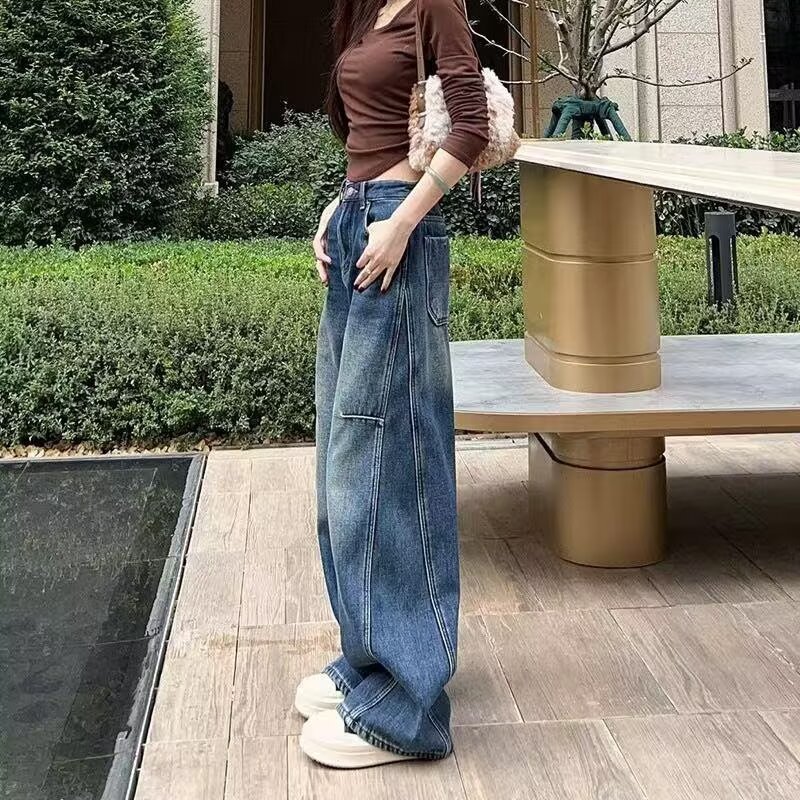 个性潮流水洗阔腿牛仔裤女春秋季新款高腰宽松复古港风拖地牛仔裤|undefined