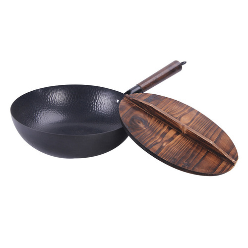 Zhangqiu old-fashioned iron pot tongue tip Chinese hand-forged pan fir wood lid non-stick pan uncoated wok
