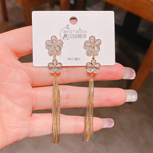 韩国花朵锆石长款流苏花朵耳环 韩版轻奢高级感2025新款银针耳饰