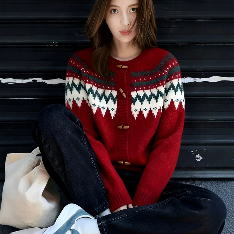 Christmas Red Fair Isle Sweater Coat for Women 2026 Spring and Autumn New Style Plus Size Thick Knit Cardigan Top