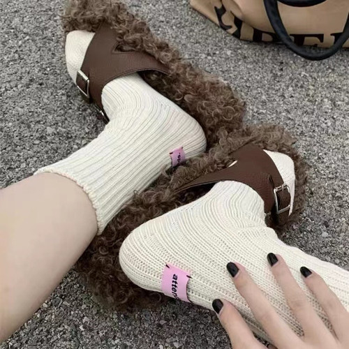 Autumn/Winter Trend Brand Pink Label Solid Color Thick Knit Double Needled Mid-Calf Socks for Men and Women Couple Sports Retro Bunchy Socks Cotton