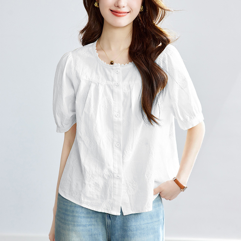 apricot Embroidered Shirt Women's Short-sleeved 2025 Summer New Round Neck Top Elegant Light Mature Cotton Shirt
