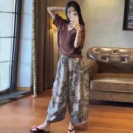 梨形身材大码复古印花阔腿弯刀裤子女夏季薄款宽松显瘦九分休闲裤