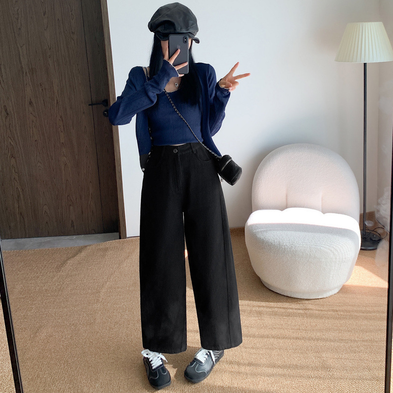 白色九分洗水棉阔腿牛仔裤女2025春秋季新款小个子宽松显瘦直筒裤|undefined