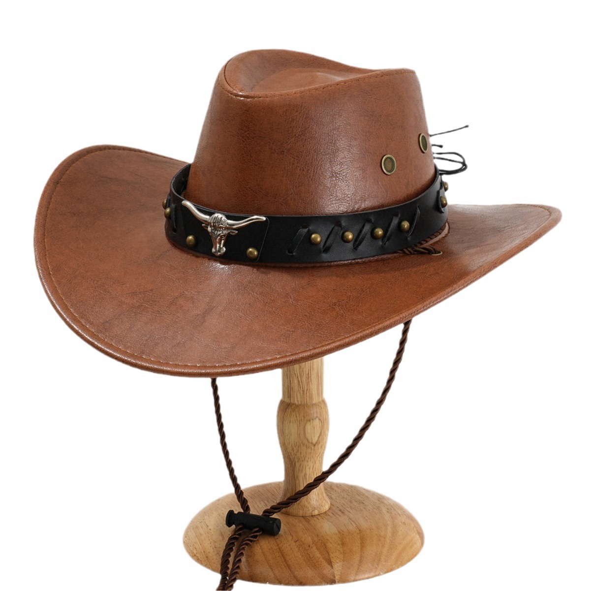 Explosiones transfronterizas de estilo masculino y masculino de piel PU sombrero de vaquero único punk cabeza de vaca cuero metal remaches cinturón fiesta de campamento