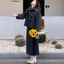 韩系搭配一整套冬装灰色毛呢外套高级感小香风半身群两件套裙套装