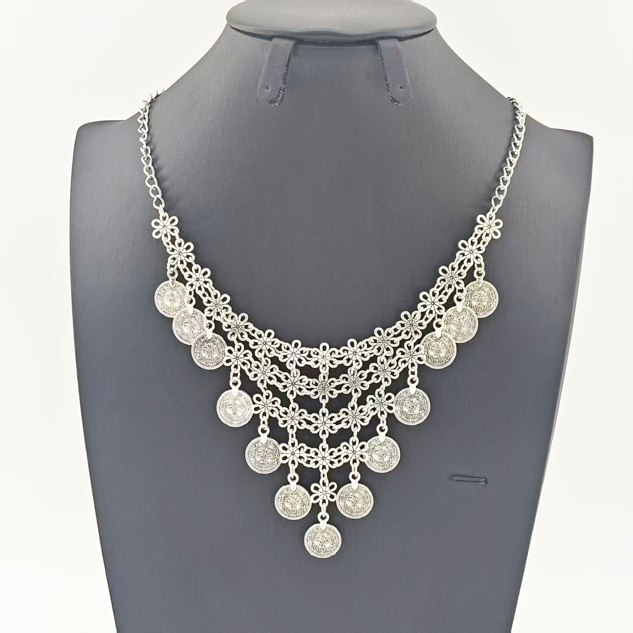 Bohemian ethnic-style alloy retro coin tassel head chain, adjustable necklace, jewelry gift