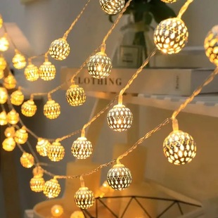 Cross-Border led solar Moroccan ball light string iron metal hollow outdoor courtyard small colored lights custom wholesale
