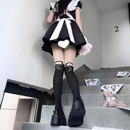 Japanese cat with tail jacquard splicing fake thighs fake high knee socks pantyhose stockings long term
