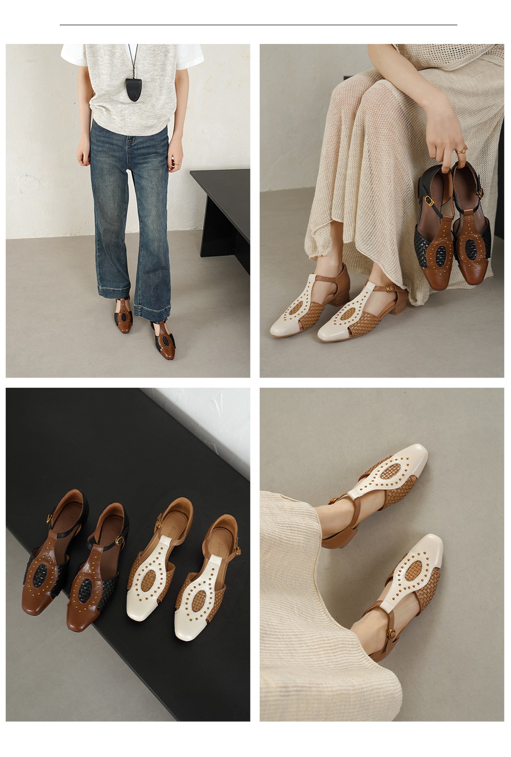 Sandal nữ mũi nhọn gót thấp da bò đinh tán phong cách La Mã — đen chi tiết 2