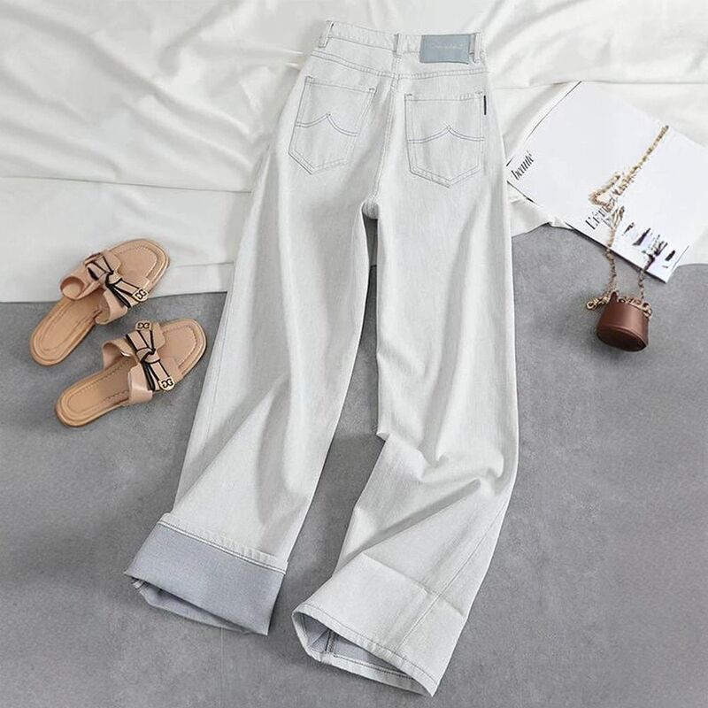 2026 Spring and Autumn New Fashion Versatile High-End Gray and White Contrast Color Loose Slimming Wide-Leg High-Waisted Straight Jeans