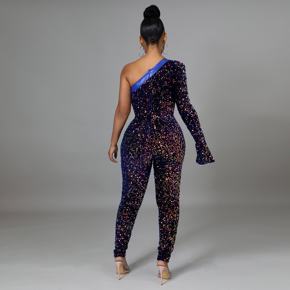 Oblique Shoulder Sequins Pu Stitching Slim Jumpsuit NSCYF112177