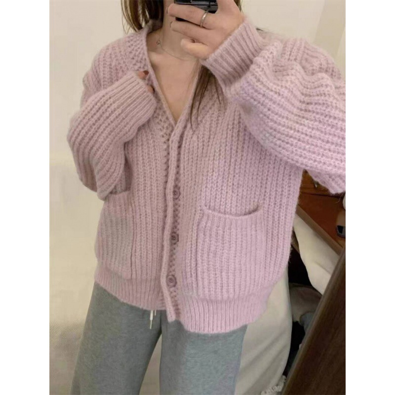 Korean Style Foreign Style Curl V-neck Soft Waxy Coarse Wool Long-sleeved Knitted Cardigan Elegant All-match Double Pocket Sweater Jacket